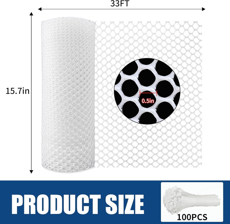Moyios White Plastic Chicken Wire mesh 15.7IN x 33FT,Plastic Chicken Wire Fencing,Poultry Netting,Plastic mesh for Garden,Balcony Fence,Chicken Wire Frame for Crafts, Floral Mesh.with 100 Ties - Image 2
